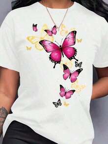 New 100% Cotton Summer Casual T-Shirt With Butterfly Print, Round Neck And Short Sleeves, Comfortable Patterned T-Shirt For Spring, Summer And Autumn, Cute Graphic T-Shirts, Casual Campus Style, Unisex Daily Wear For Women And Men - Urban Vintage Style, Loose Fit Unisex Cotton T-Shirt With Round Neck And Short Sleeves. - 白色 - 查看 6
