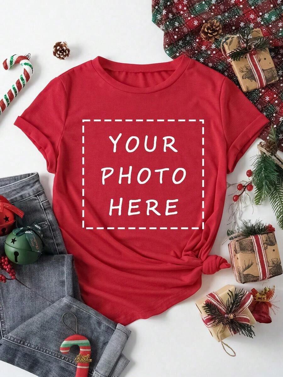 Soft 100% Cotton T-Shirt, Personalized - Add Your Own Text/Images (Badge, Company Logo, Family Photo, Selfie) To Design Your Own Custom Printed T-Shirt. Add Your Favorite Photos And Text (Girlfriend, Partner, Family, Selfie, Pet, Photos Of Friends) For A Personalized Printed T-Shirt, Suitable For (Anniversary, Wedding Promise, Engagement, Couple Formation), Suitable For Group Customization For Best Friends/Sisters, Suitable For Daily Wear/Wedding Party/Company Meeting/Family Reunion, Christmas Gift, Mother's Day, Father's Day, Chic Autumn Style, Chic Utilitarian Style, New Autumn Style For Women, Graphic Print, Casual Wear, Summer White T-Shirt, Eternal Love. Breathable Cotton T-Shirt, Goes With Everything. - 紅色 - 查看 1