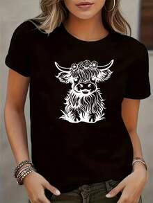 Women's Scottish Highland Cow Print T-Shirt - Cute Casual Short-Sleeved T-Shirt With Highland Cow Design, Round Neck And Scottish Text, Suitable For Scottish Themed Outfits, Machine Washable - Unisex Vintage Urban Style T-Shirt, Made Of Cotton, Short Sleeves And Round Neck. - 黑色 - 查看 6
