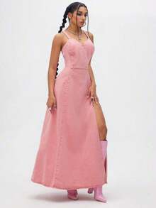 Vestido vaquero casual para mujer para salidas y viajes - Rosa - Ver 3