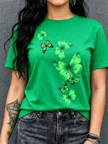 Women's-fashionCamiseta playera blusa gráfica estampada mujer dama básica manga corta cuello redondo estampado mariposa mariposas insecto flores flor floral primavera verano uso diario día noche casual corte regular cómoda fresca ligera moderna juvenil colegio escuela calle casaNew loose and versatile top - Verde - Ver 7