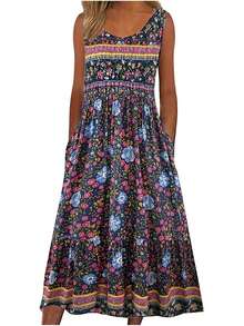 New 2025 Summer! Women's Sleeveless Bohemian Floral Casual MIDI Beach Dress With Flowing Pockets And Loose Fit - 紅色 - 查看 1