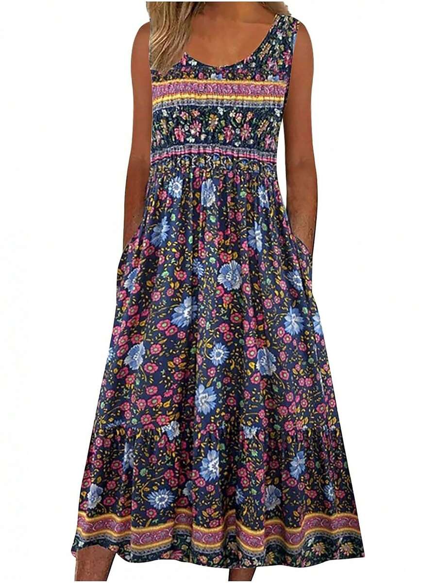 New 2025 Summer! Women's Sleeveless Bohemian Floral Casual MIDI Beach Dress With Flowing Pockets And Loose Fit - 紅色 - 查看 1