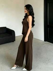 Conjunto de top halter y pantalones de color café claro, estilo sencillo para ir al trabajo - Café integral - Ver 2