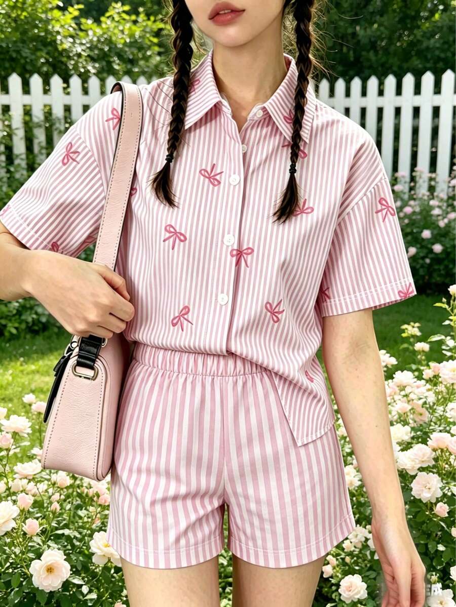 青少年女孩休閒獨特設計蝴蝶結條紋印花粉色襯衫,夏季時尚舒適新穿搭 - 粉色 - 查看 1