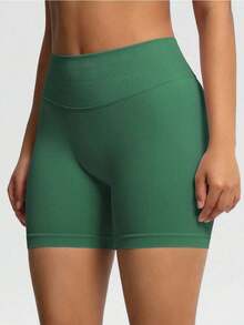 Pantalones cortos de yoga sin costuras de cintura alta para mujer - Levantamiento de glúteos elástico, adecuado para correr, fitness y actividades al aire libre| Apariencia de moda| Tela elástica de verano - Verde - Ver 5