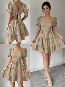 Vestido de verano, primavera y playa, elegante y romántico, para conciertos, estilo bohemio con mangas abultadas, espalda descubierta, lazo, para vacaciones, tiempo libre y viajes, con volantes en el bajo, color caqui, nuevo modelo 2025 - Caqui - Ver 2