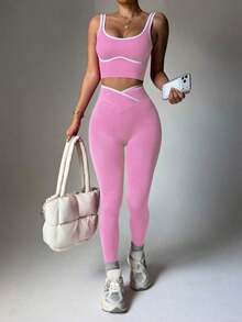 Conjunto deportivo de mujer de dos piezas con bloques de color sin costuras, malla de yoga, conjunto de fitness, conjunto de entrenamiento de dos piezas, conjunto activo de dos piezas, conjunto deportivo negro de dos piezas - Rosa - Ver 1