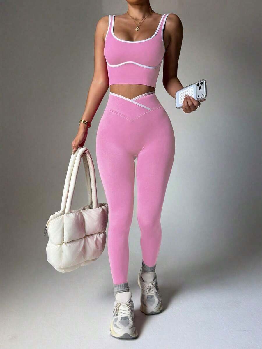 Conjunto deportivo de mujer de dos piezas con bloques de color sin costuras, malla de yoga, conjunto de fitness, conjunto de entrenamiento de dos piezas, conjunto activo de dos piezas, conjunto deportivo negro de dos piezas - Rosa - Ver 1