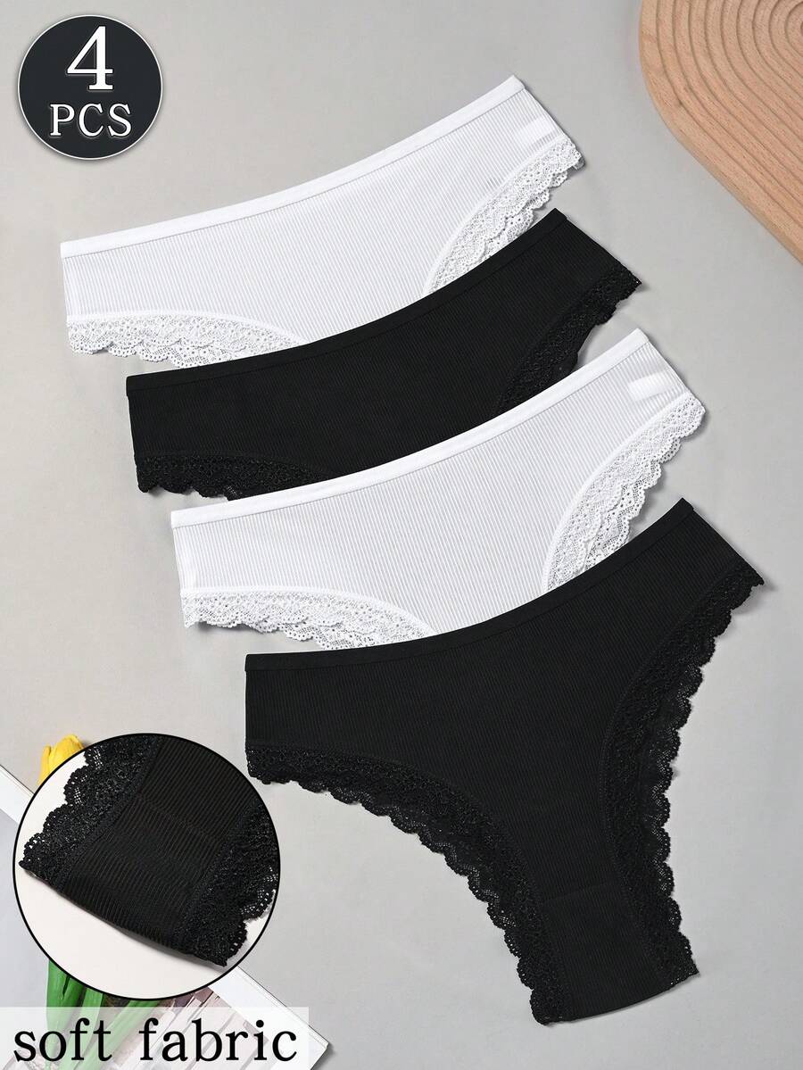 4件組女款蕾絲飾邊薄款白色舒適柔軟羅紋內褲 - 彩色 - 查看 1