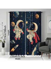 2Panels Kids Outer Space Astronaut Pattern Curtains, Light‑Filtering Rod Pocket Decorative Cortinas,Cortinas Para Cuarto,Cortinas Para La Sala,Curtains For Living Room,Curtains For Bedroom,Room Decor,Fall Curtains Living Roomhalloween Decorfall Style - Multicolor - View 21