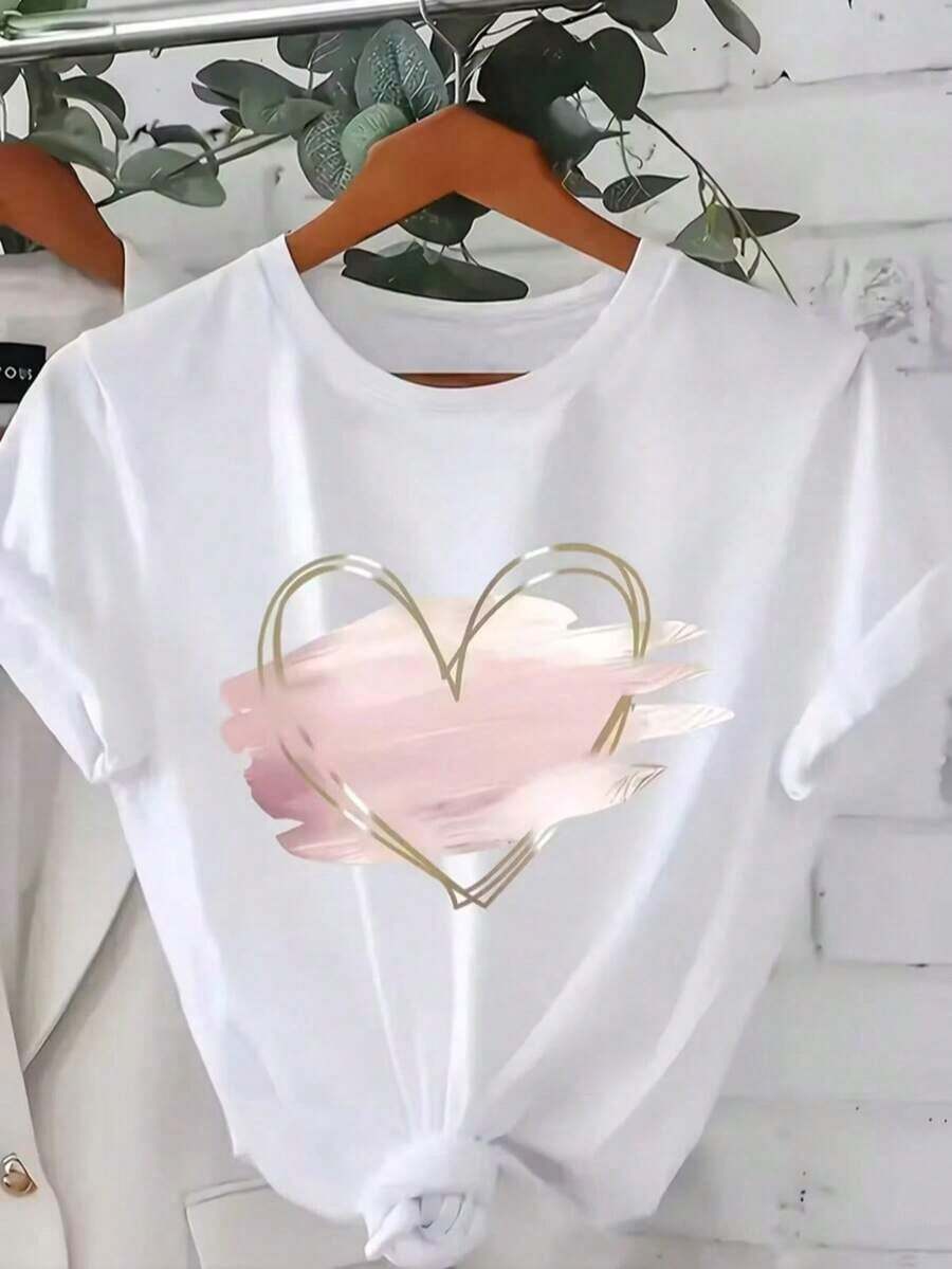 Limited EditionMujer estilo elegante estampado de corazón con brillo holgado cuello redondo manga corta primavera y verano uso diario camisetaLightweight Cotton - Blanco - Ver 1