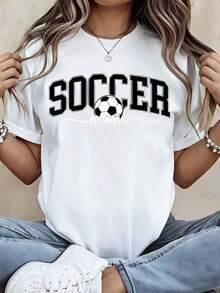 Women's "Soccer Mom" T-Shirt - Graphic T-Shirt With Soccer Ball Design, Loose Fit Casual Top For Soccer Fans, Perfect Gift For Moms And Sports Lovers, Spring/Summer Clothing, Excellent Gift For Her, Women's Printed Short Sleeve Casual T-Shirt, Fashionable Blouses For Summer And Autumn. - 白色 - 查看 7