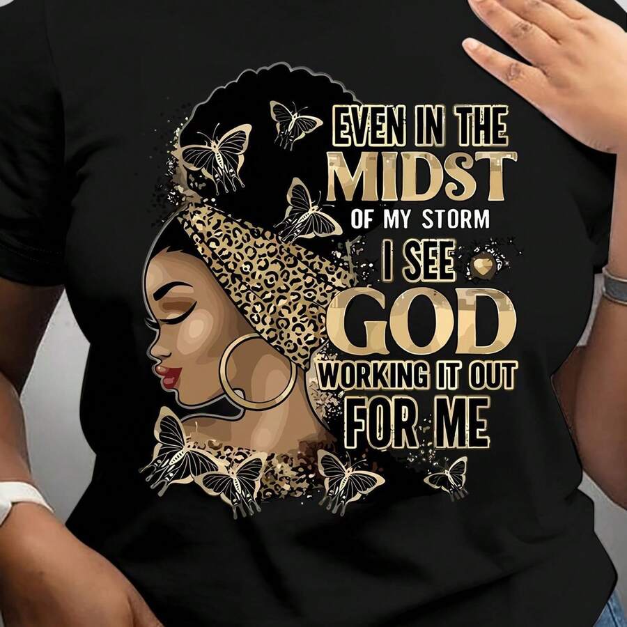 Women's Casual T-Shirt With Inspirational Quote Print And Butterfly Pattern - Black With Gold Lettering, Short Sleeve, Loose Fit, Machine Washable, Spring/Summer Top, Fashion Letter Print T-Shirt | Comfortable Slim Fit Women's T-Shirt - 黑色 - 查看 1
