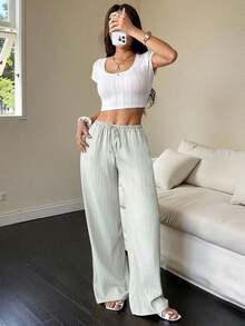 Women's Solid Color Wide-Leg Pants With Pockets And A Tie At The Waist - Mint Green - View 3