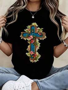 White T-Shirt With Floral Cross Print, Christian Religious Design For Casual Wear And Everyday Outfits - màu đen - Xem 3