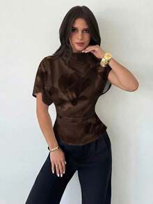 Blusa ajustada de estampado animal minimalista y casual con cuello fruncido, manga asimétrica y cintura fruncida, para mujer, para todas las estaciones - Blanco 3 - Ver 4