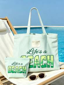 “Life's A Beach”印花 - 复古粉白条纹帆布手提包,女士大容量条纹沙滩托特包,旅行沙滩包兼时尚购物单肩包,可折叠帆布单肩手提包,防水防沙旅行包,夏季必备单品,适合海滩旅行、泳池派对、购物和日常使用,适合女性、旅行者和海滩爱好者,也适合复活节、教师节和假期等场合。 - 彩色 - 查看 4