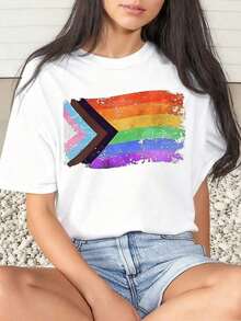1 Piece Women's T-Shirt With Rainbow Pride Flag Print, For Pride Month, Casual, Round Neck, Short Sleeve, Soft And Comfortable, 220g/180g, 100% Cotton - 白色 - 查看 1