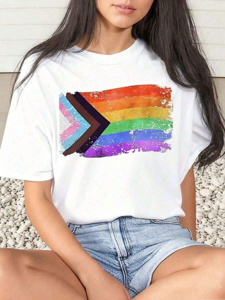 1 Piece Women's T-Shirt With Rainbow Pride Flag Print, For Pride Month, Casual, Round Neck, Short Sleeve, Soft And Comfortable, 220g/180g, 100% Cotton - 白色 - 查看 1