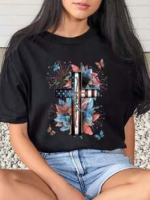 1 Piece Women's T-Shirt With Cross, American Flag And Flower Print, Casual For Everyday Wear, Round Neck, Short Sleeve, Soft And Comfortable, 220g/180g 100% Cotton - 黑色 - 查看 10