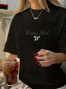 Plus Size, Fashionable Plus Size Women's T-Shirt With Letter Print, Machine Washable - Black - View 1