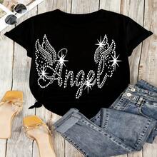 Angel Wings Graphic T-Shirt, 100% Cotton Oversized Soft Breathable Casual Crewneck Short Sleeve Top, Romantic Aesthetic Summer Vibes Tee for Women & Angel Lovers - Negro - Ver 13