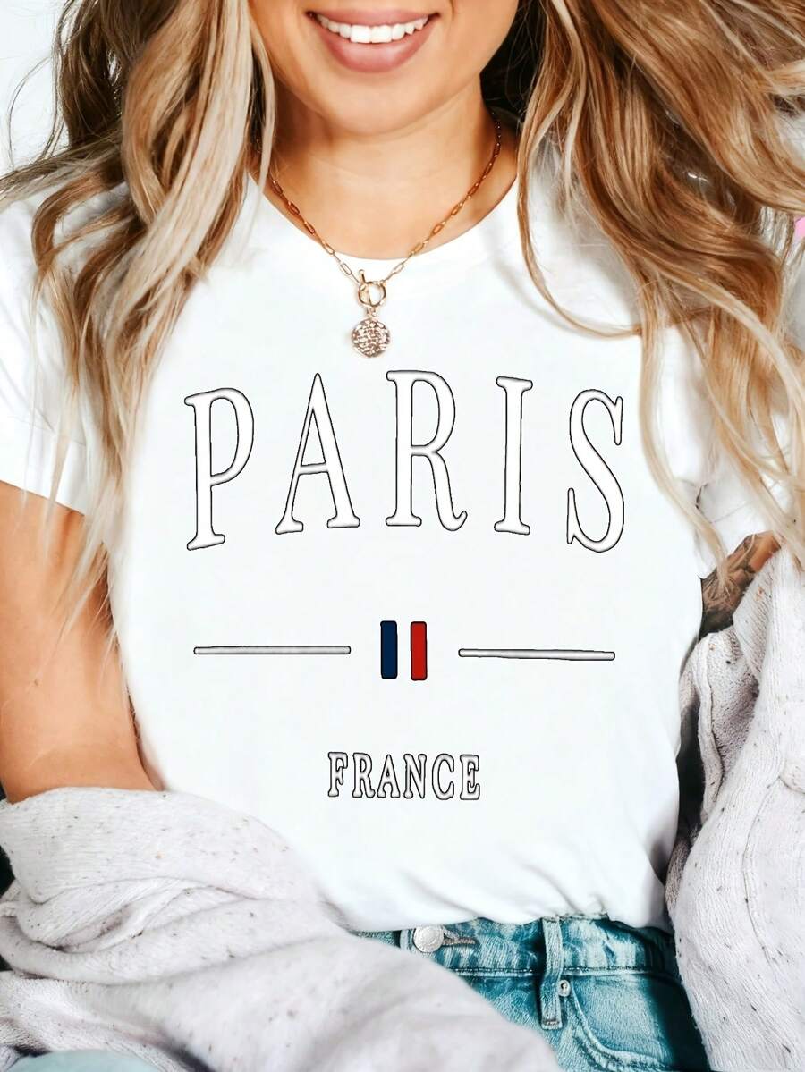 Paris France Graphic T-Shirt, 100% Cotton Oversized Soft Breathable Casual Crewneck Short Sleeve Top, Romantic Vintage Summer Vibes Tee for Women & Travel Lovers