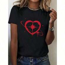 NEW Women's T-Shirt With Creative Print Of Red Hearts And Square Stars, Short Sleeve, Round Neck, Casual Summer Style, Women's Clothing - Urban Vintage Style, Unisex, Loose Fit Cotton Short Sleeve Round Neck T-Shirt - 黑色 - 查看 2
