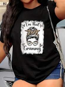 GiftGiftI'm That Grammy Graphic Leopard Print T-Shirt, 1 Piece, Women's Plus Size, Funny, Short Sleeve, Novelty, 100% Polyester, Casual Crew Neck Tee, Soft. - 黑色 - 查看 7