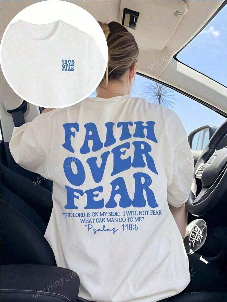 "Faith Over Fear" Double Print T-Shirt - Short-Sleeve Crew Neck Pure Cotton T-Shirt, Holiday Style, A Daily Essential. Holiday Outfits, Simple Retro Street Style Top. Everyday Campus Wear For Men And Women - Comfortable Loose Fit Cotton Vintage Street Style T-Shirt - 白色 2 - 查看 1