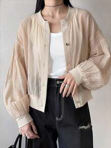 Chaqueta casual y holgada de mujer con decoración de botones metálicos, versátil para primavera y verano - Caqui - Ver 4