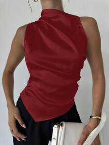 Camisa beige sin mangas con cuello con volantes y bajo curvo, una prenda esencial para la oficina y el tránsito diario para mujeres - Burdeos - Ver 2