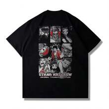 Unisex T-Shirt In Thick Cotton With A One Piece Cartoon Print. It Features A Casual Style, Dropped Shoulders, And A Soft, Comfortable Feel. Its Classic And Simple Style Is Timeless, Making It Ideal For Everyday Wear, Sports, Travel, Vacations, And Any Casual Occasion. - 黑色 - 查看 1