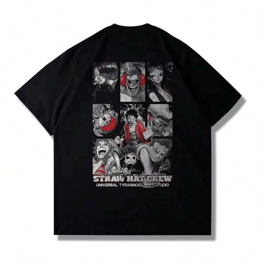 Unisex T-Shirt In Thick Cotton With A One Piece Cartoon Print. It Features A Casual Style, Dropped Shoulders, And A Soft, Comfortable Feel. Its Classic And Simple Style Is Timeless, Making It Ideal For Everyday Wear, Sports, Travel, Vacations, And Any Casual Occasion. - 黑色 - 查看 1