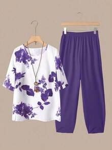 2 piezas Conjunto de top y pantalones casuales estampados para mujer - Morado Violeta - Ver 1
