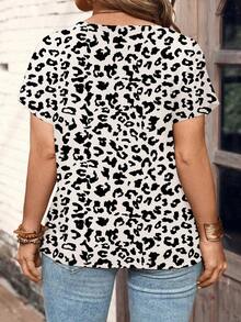 Nueva camiseta de manga corta con cuello en V y estampado de leopardo, talla grande, popular para mujeres en primavera/verano - Multicolor 12 - Ver 2
