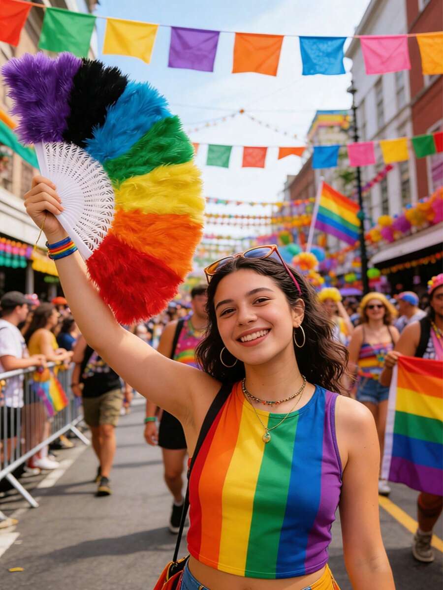 1件 2026 LGBTQ 驕傲派對彩虹天鵝絨羽毛扇,適用於舞台伸展台表演、音樂節、嘉年華慶典,時尚手持冷卻配件,Love Is Love 主題裝飾 - 彩色 - 查看 1