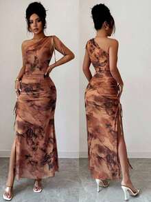 Vestido maxi sin mangas con abertura alta y estampado floral elegante de malla para mujer - Cafetería - Ver 1