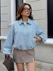 Chaqueta con bolsillo con cremallera de lunares rosas para mujer - Abrigo casual suelto con solapa para primavera/otoño - Celeste 2 - Ver 9