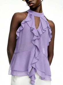 Top halter elegante de unicolor con volantes para mujer - Morado - Ver 11