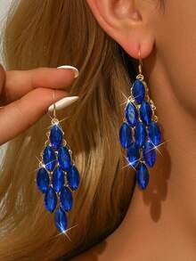 1 par de hermosos aretes de hoja con brillantes de strass para mujer, aretes elegantes y de moda para fiestas, adecuados como regalo - Oro y azul - Ver 1