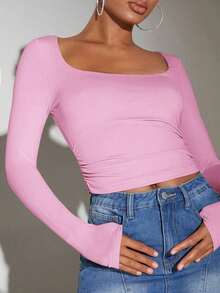 Camiseta crop de cuello cuadrado fruncido lateral - Rosa - Ver 5