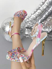 Square Toe High Heel Slip-On Sandals, Fashionable For Spring & Summer - Pink - View 1