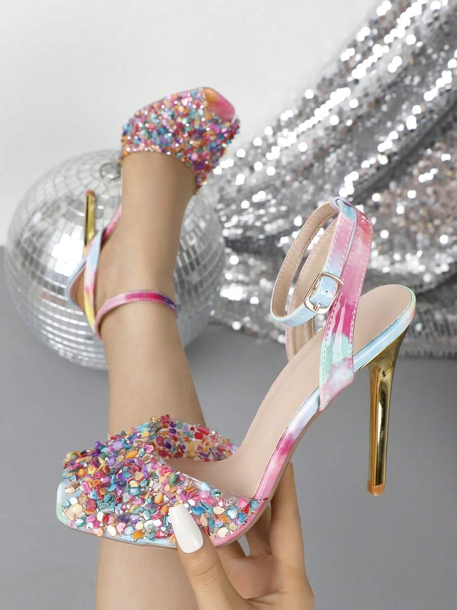 Square Toe High Heel Slip-On Sandals, Fashionable For Spring & Summer - Pink - View 1