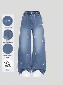de estilo Y2K para adolescentes, con bordado de corazón, pierna ancha y suelta, tela suave y cómoda, adecuado para uso diario, escuela y transporte - Azul lavado oscuro - Ver 1
