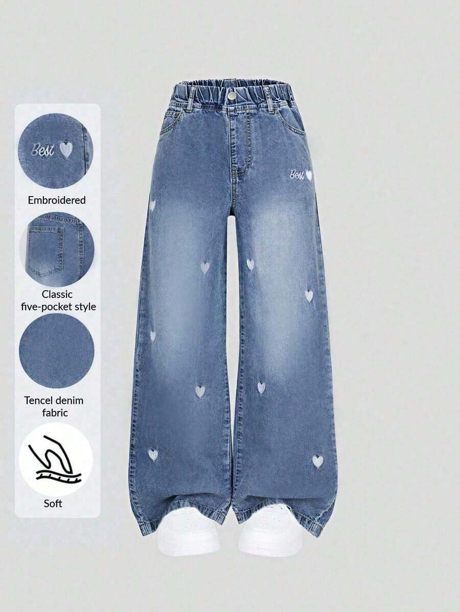 de estilo Y2K para adolescentes, con bordado de corazón, pierna ancha y suelta, tela suave y cómoda, adecuado para uso diario, escuela y transporte - Azul lavado oscuro - Ver 1