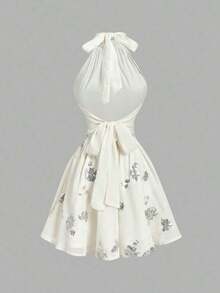 MOD Vestido mini con estampado de lunares, espalda descubierta, retorcido y fruncido, con cuello halter para mujer. Vestido elegante para fiestas, bodas, vacaciones, estilo vintage años 50, rockabilly, con estampado de lunares, para picnic, estilo cottage core, en blanco con lunares, vestido de graduación y playa - Albaricoque - Ver 5