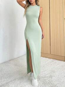 Vestido casual y elegante de mujer con abertura en el bajo, color rosa claro, ligero y cómodo, moda de verano - Verde - Ver 5