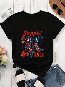 1 Piece Women's Crew Neck T-Shirt With Patriotic Print Of Cowboy Boots, Stars And Fireworks Celebrating The 4th Of July, Short Sleeve, Casual, For Summer Parties, 180g 100% Cotton - 黑色 - 查看 3
